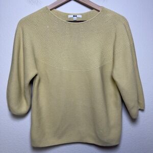 Uniqlo Women 100% Cotton Sweater Small Yellow 3D Knit 3/4 Sleeve Crewneck